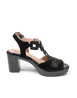Pitillos Sandalo Donna in Pelle Scamosciata Nera con Strass e Tacco Largo di 8cm