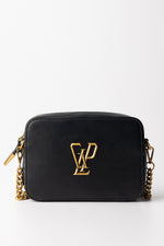 Gaelle Borsa a Tracolla Bambina in Ecopelle Nera con Logo Dorato e Catena