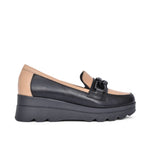 Pitillos Mocassino Donna in Pelle Nero Tortora con Catena e Zeppa