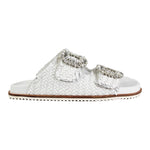 Keys Ciabatta Donna in Pelle Bianca Intrecciata con Fibbie Ricoperte di Diamantini