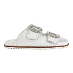 Keys Ciabatta Donna in Pelle Bianca Intrecciata con Fibbie Ricoperte di Diamantini