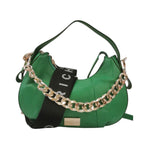 John Richmond Borsa a Spalla M Donna in Pelle Verde e Metalleria Oro con Tracolla in Tessuto Logo e Catena Frontale
