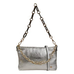Caleidos Borsa a Spalla Donna in Pelle Laminata Argento con Doppia Catena e Tracolla