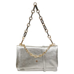 Caleidos Borsa a Spalla Donna in Pelle Laminata Argento con Doppia Catena e Tracolla con Bottoncino