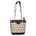 Gattinoni Secchiello Donna in Raffia Naturale e Nera con Stampa Logo e Tracolla Catena
