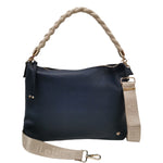 Caleidos Borsa a Spalla Donna in Pelle Blu Beige con Tracolla in Tessuto e Manico Intrecciato