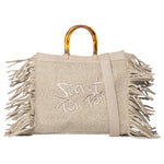 Secret Pon Pon Jacqueline Tote L Borsa a Mano Donna in Tessuto Crema con Frange
