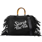 Secret Pon Pon Jacqueline Tote L Borsa a Mano Donna in Tessuto Nera con Frange