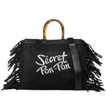 Secret Pon Pon Jacqueline Tote L Borsa a Mano Donna in Tessuto Nera con Frange