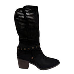 Refresh Stivale Camperos Donna in Camoscio Traforato Nero con Tacco Effetto Legno Alto 40mm