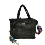 M Brc Borsa a Mano Donna Media Linea Raffia Nera con Doppia Tracolla
