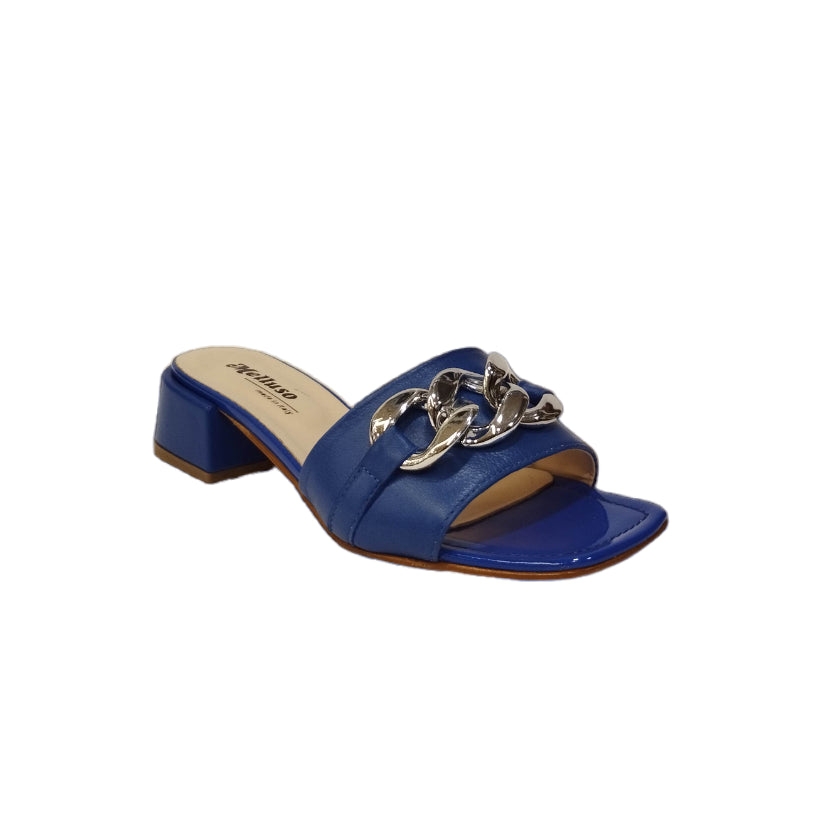 Melluso Ciabattina Donna in Pelle Blu con Catena Argento e Tacco Basso di 30mm