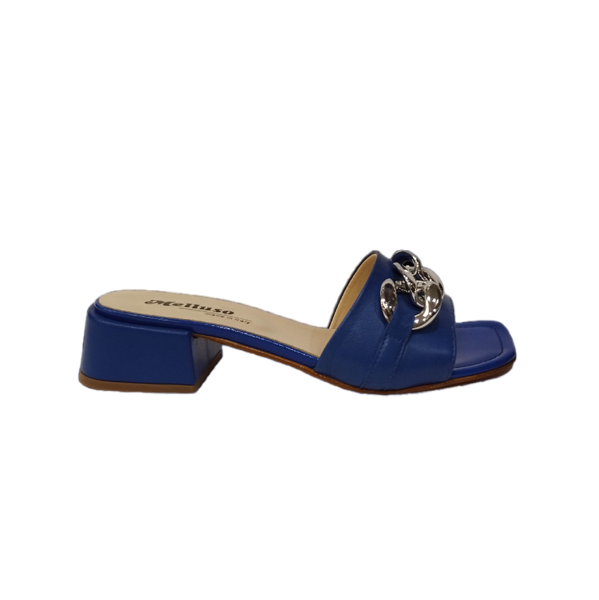 Melluso Ciabattina Donna in Pelle Blu con Catena Argento e Tacco Basso di 30mm