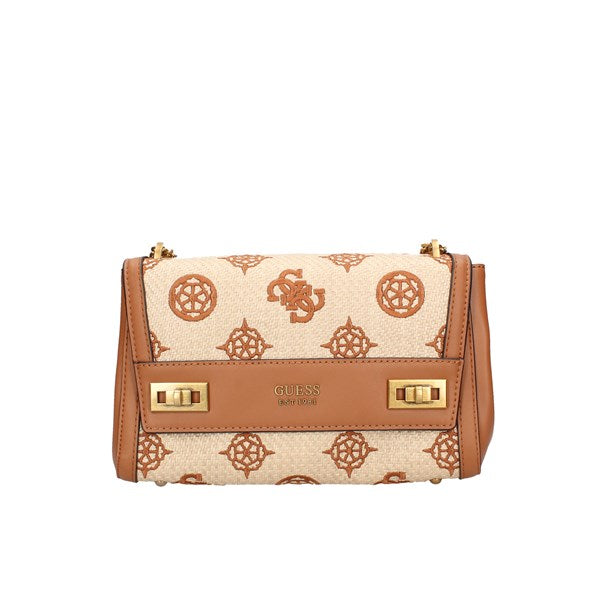 Guess Borsa a tracolla cuoio Katey effetto paglia con ricamo logo