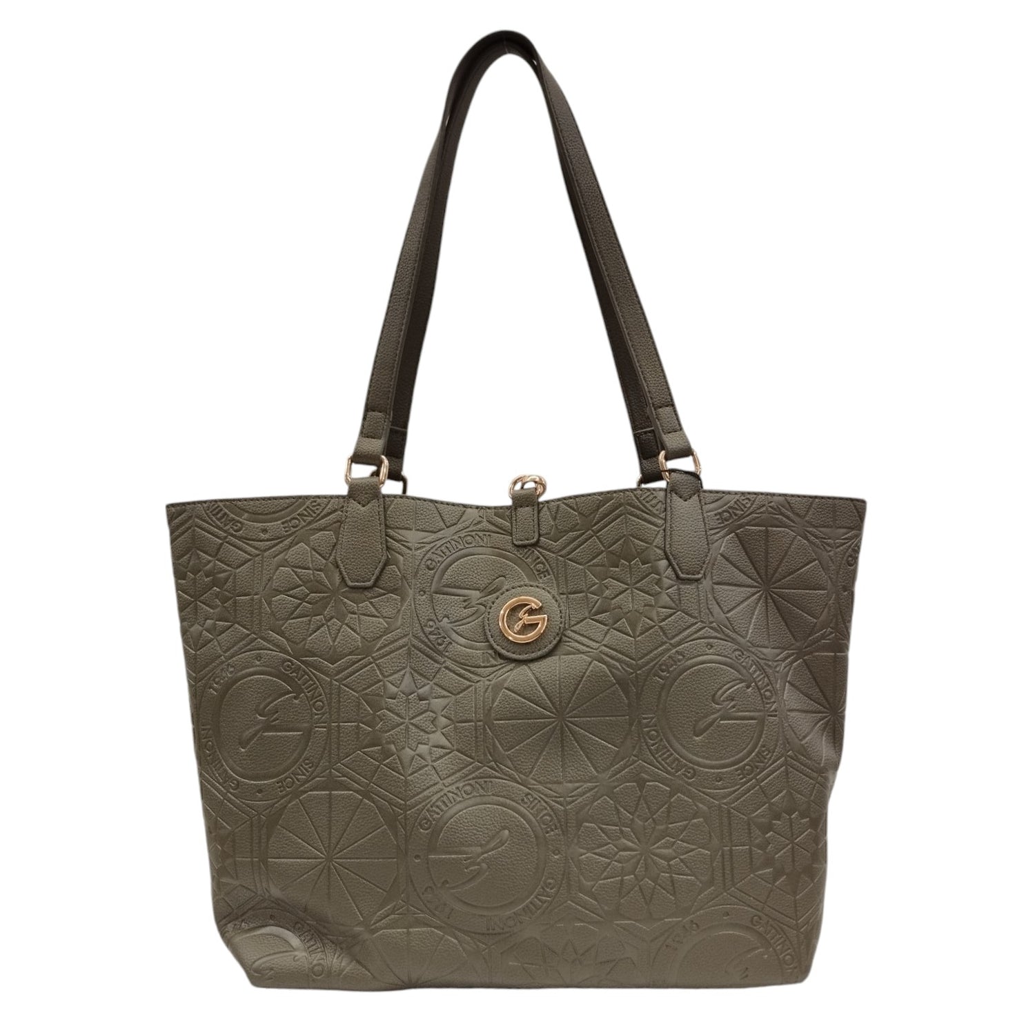 Gattinoni Roma Shopping Bag L Donna Reversibile Stampa Logo in Colore Oliva con Pochette Interna e con Tracolla