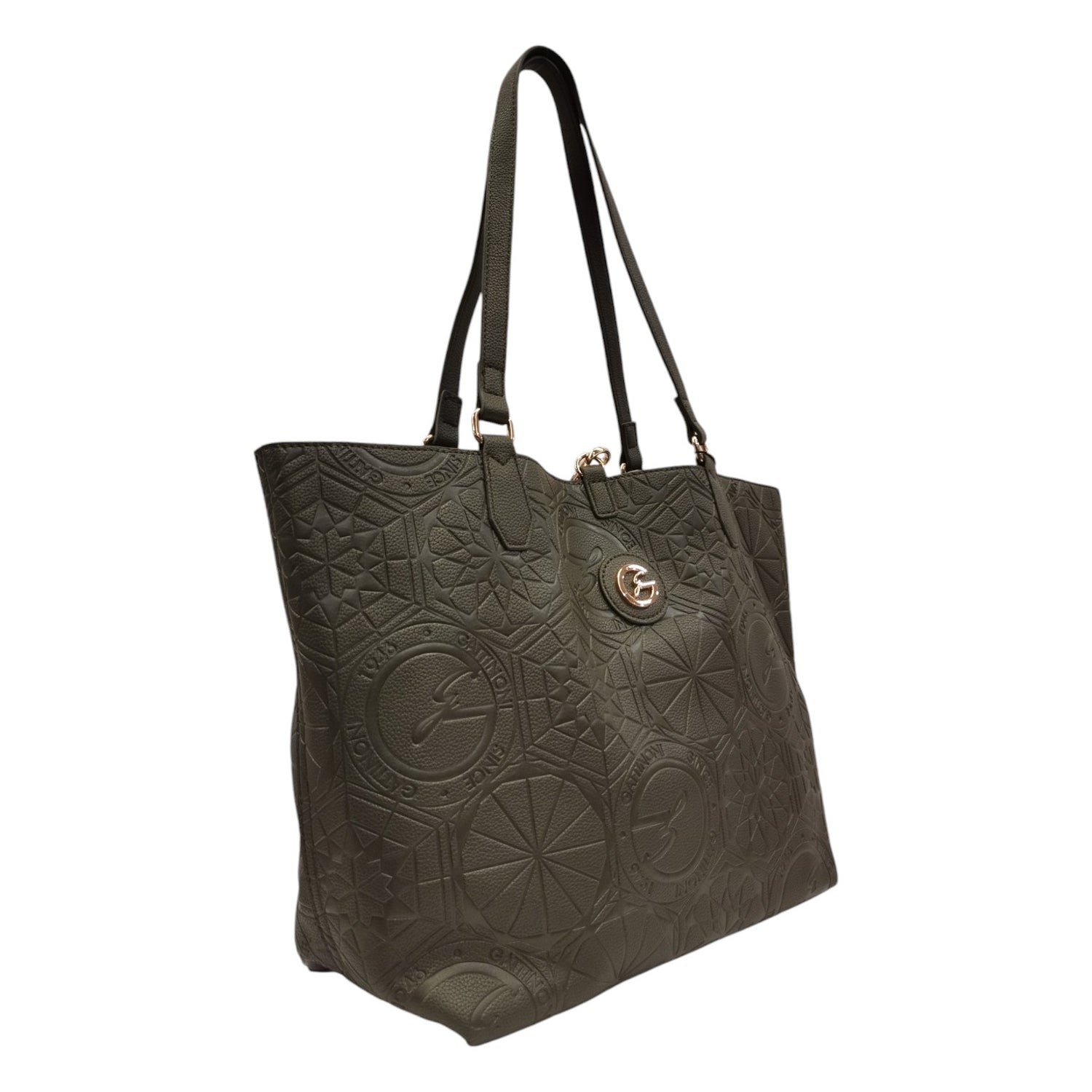 Gattinoni Roma Shopping Bag L Donna Reversibile Stampa Logo in Colore Oliva con Pochette Interna e con Tracolla