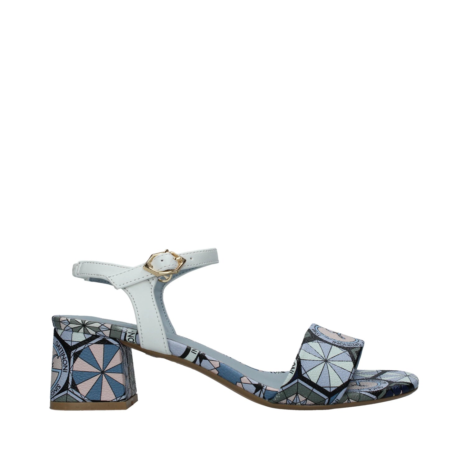 Gattinoni Roma Sandalo Donna in Ecopelle Blu con Stampa Teodosia Shirley e Tacco Grosso 50mm