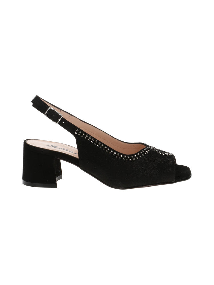 Melluso Spuntata Donna in Pelle Nera con Micro Strass e Tacco Largo 40mm