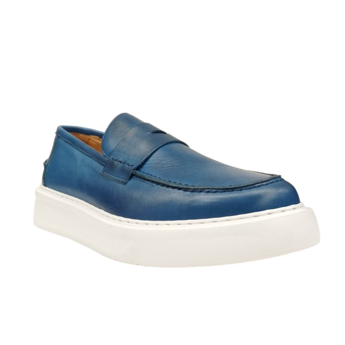 Exton Mocassino Uomo in Pelle Azzurra con Fondo Bianco