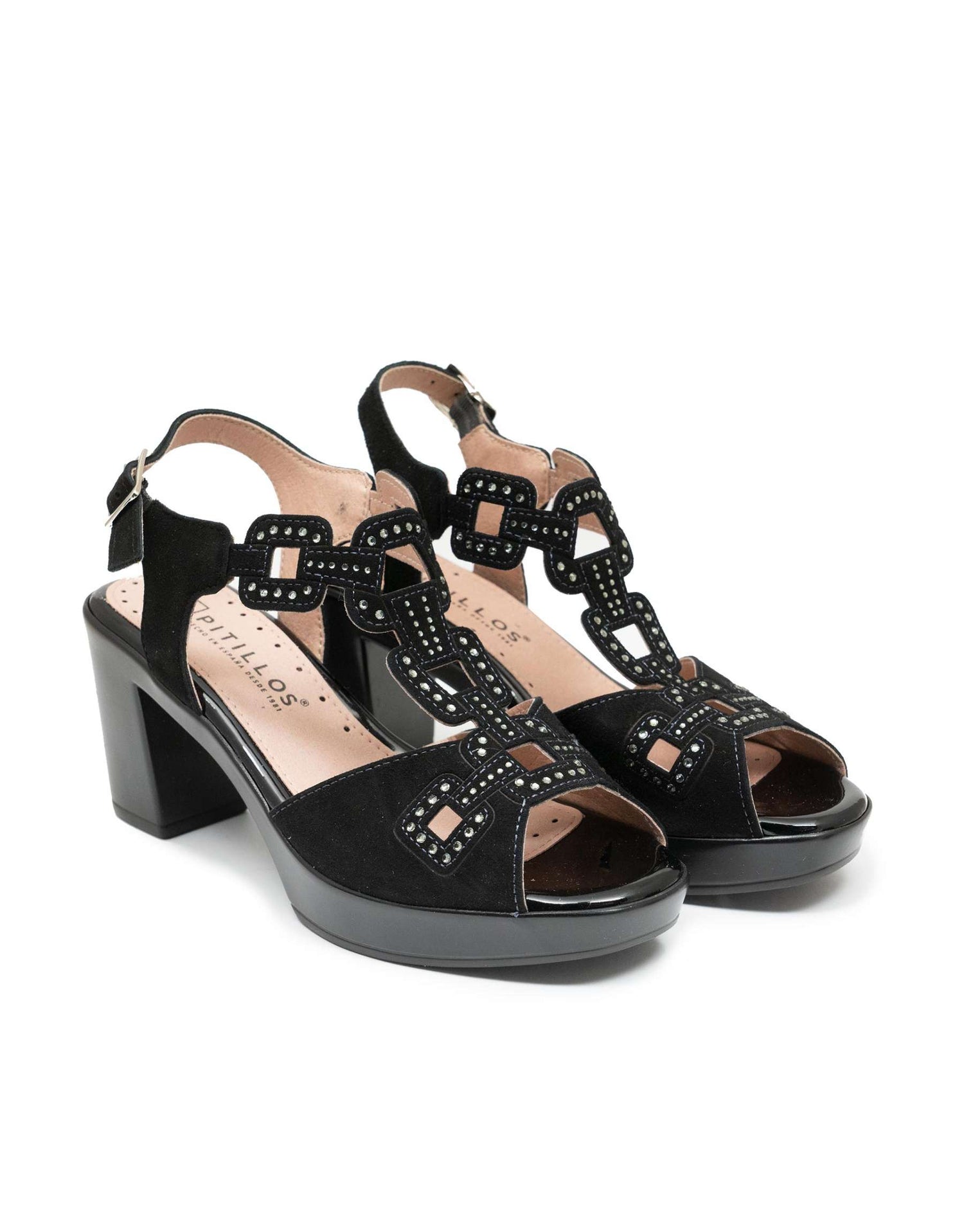 Pitillos Sandalo Donna in Pelle Scamosciata Nera con Strass e Tacco Largo di 8cm