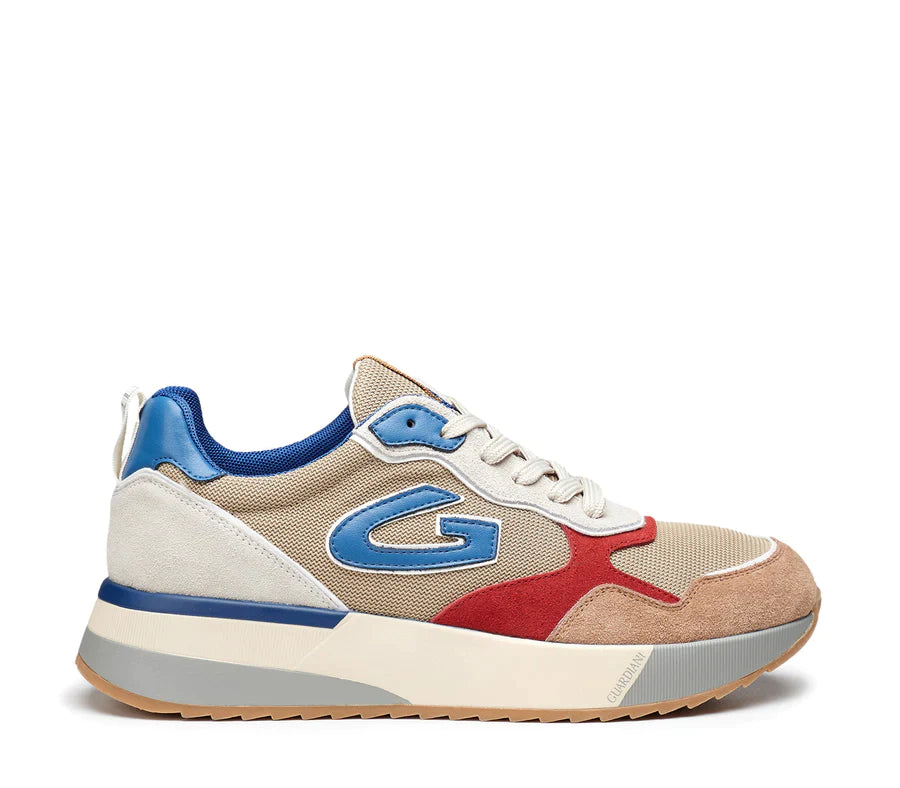 Alberto Guardiani Sneakers Uomo in Tessuto e Camoscio Beige con Inserti Rossi
