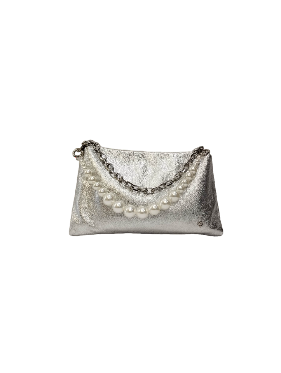 Caleidos Borsa a Tracolla Donna in Pelle Laminata Argento con Manico in Perle