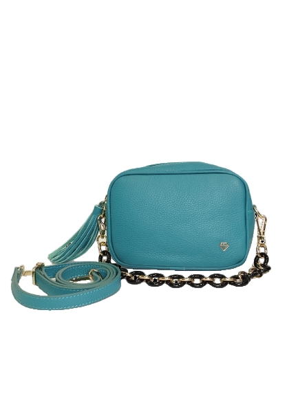 Caleidos Mini Bag Donna in Pelle Turchese con Manico a Catena e Accessorio
