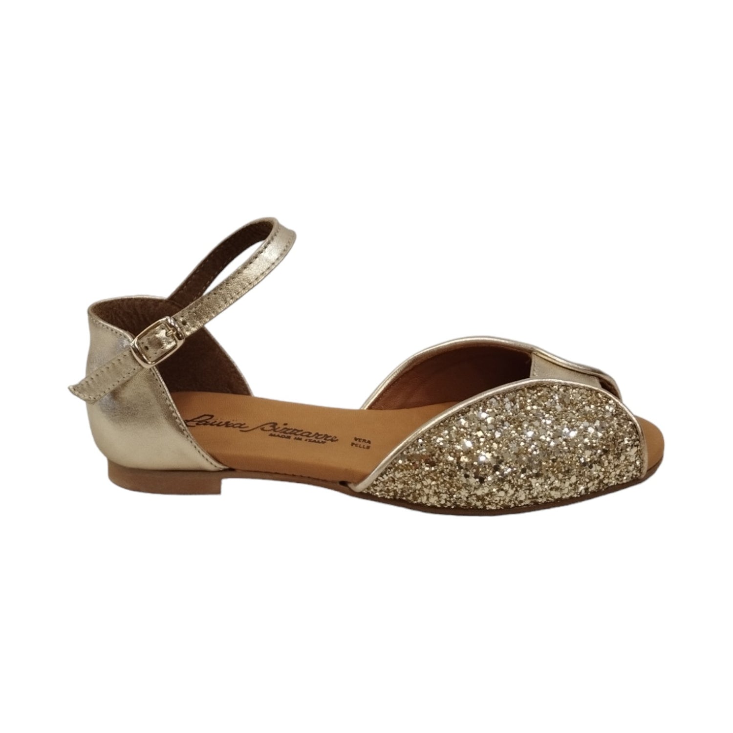 Laura Bizzarri Sandalo Basso Platino in Pelle Laminata e Strass