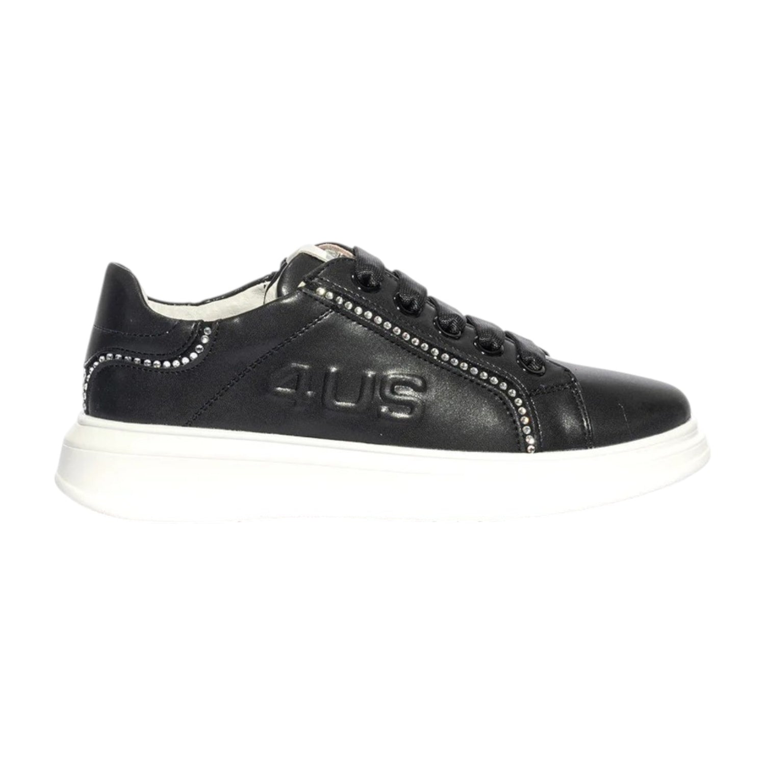 4US Sneakers Bambina in Ecopelle Nera con Strass Argento