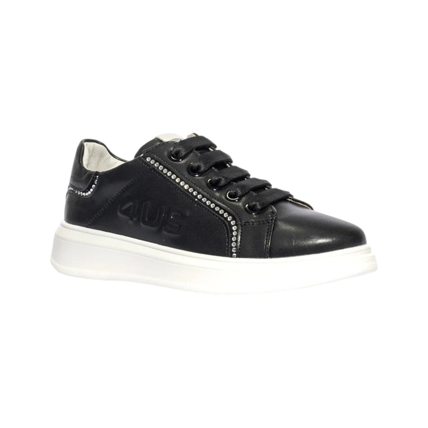 4US Sneakers Bambina in Ecopelle Nera con Strass Argento