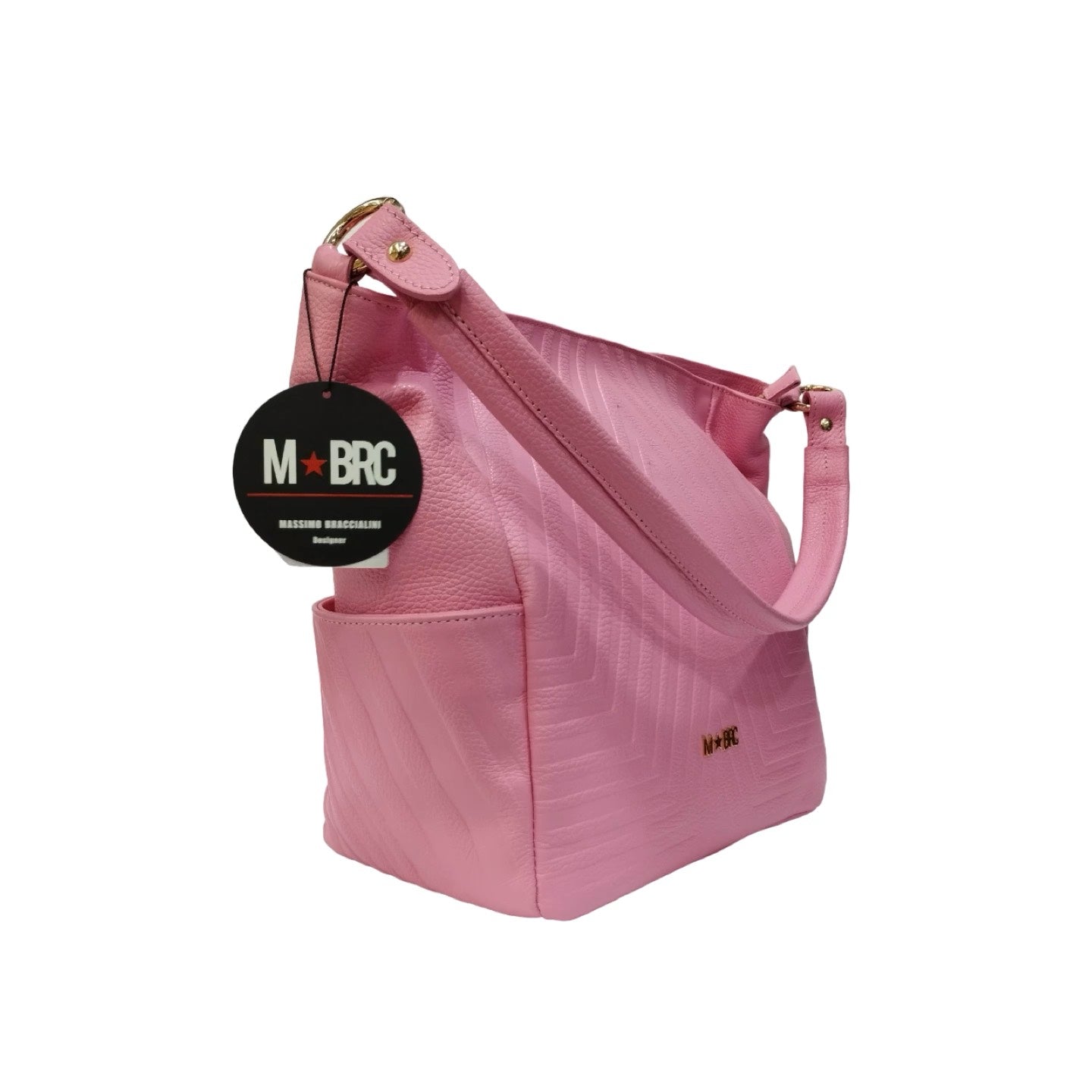 M Brc Borsa a spalla rosa in pelle con 2 tasche laterali a filetto