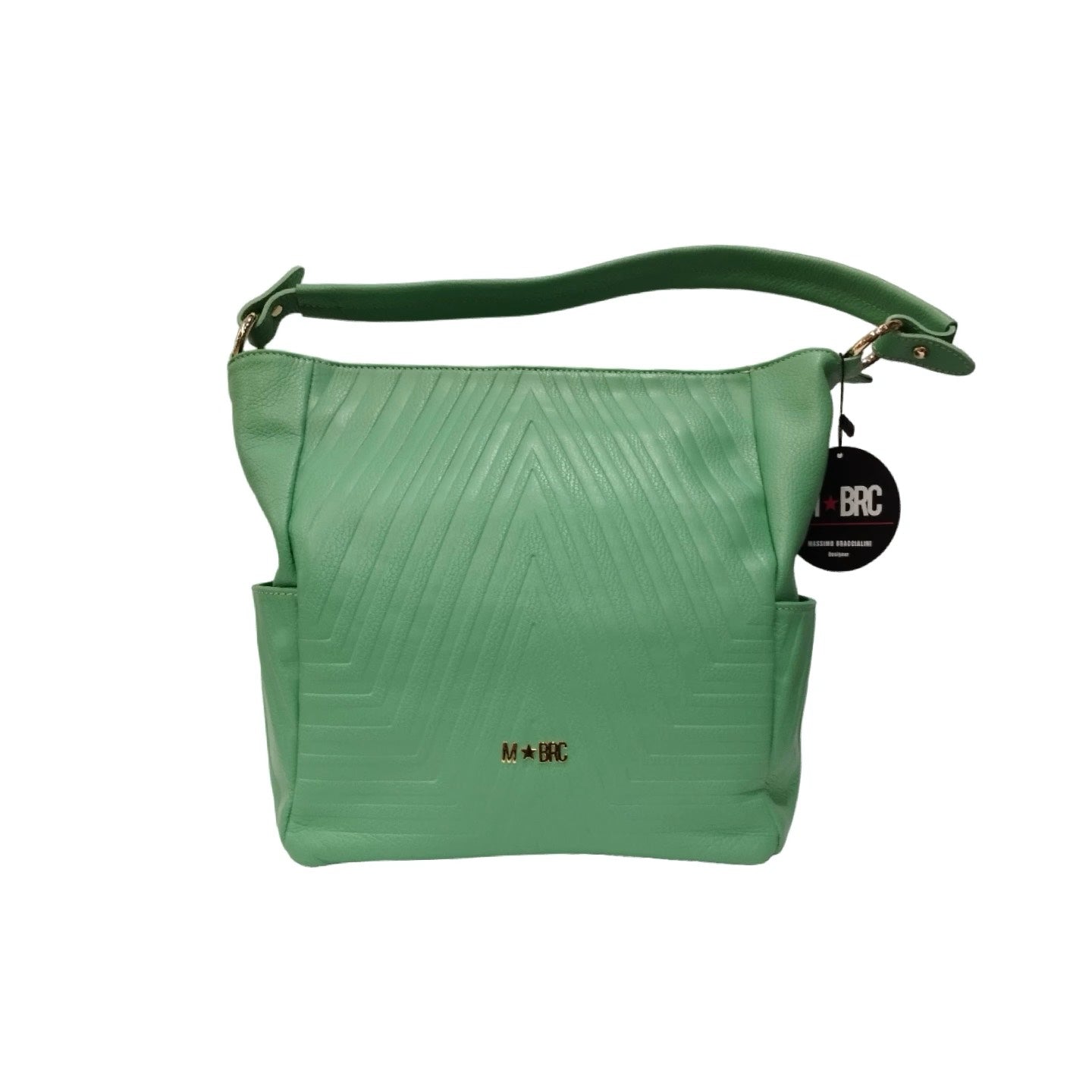 M Brc Borsa a spalla verde in pelle con 2 tasche laterali a filetto