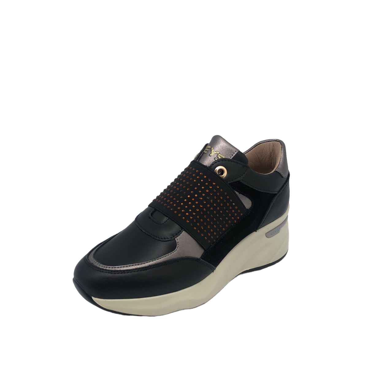 Keys Slip On Donna in Pelle e Camoscio Nera con Elastico e Zeppa