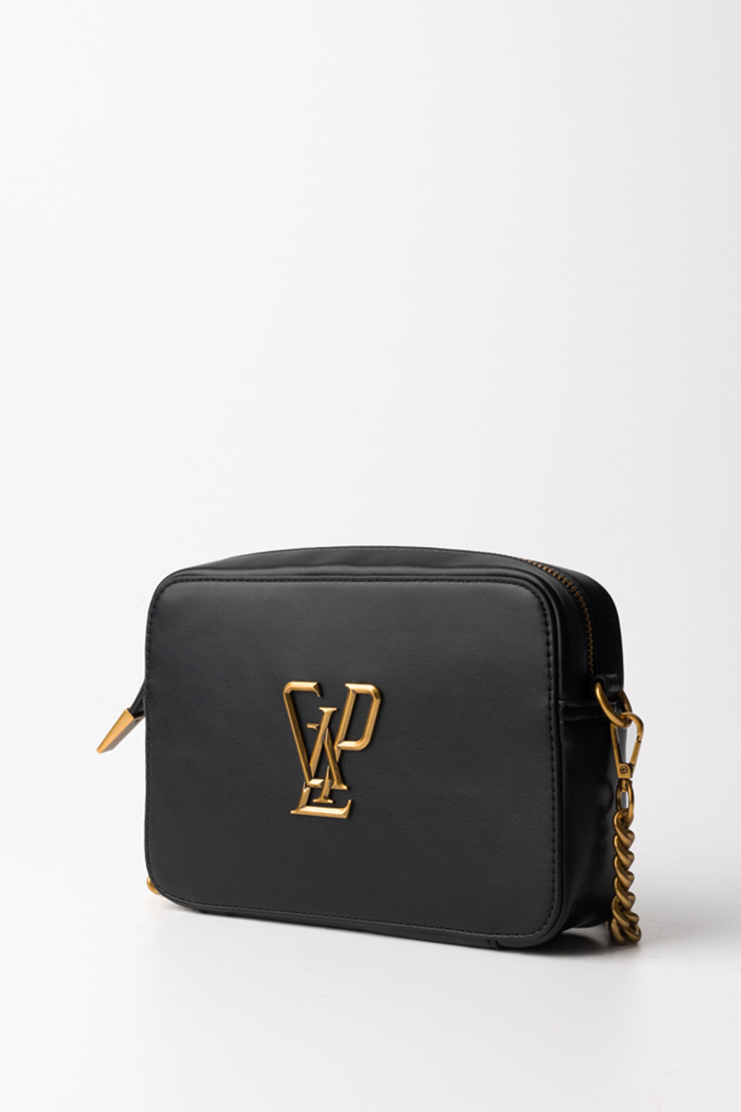 Gaelle Borsa a Tracolla Bambina in Ecopelle Nera con Logo Dorato e Catena