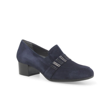 Melluso Mocassino Donna in Camoscio Blu con Strass e Tacco Largo 40mm