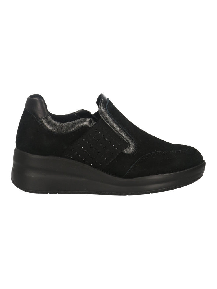 Melluso Mocassino Donna in Camoscio Nero con Zeppa e Strass