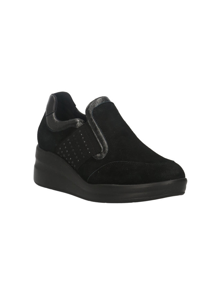 Melluso Mocassino Donna in Camoscio Nero con Zeppa e Strass
