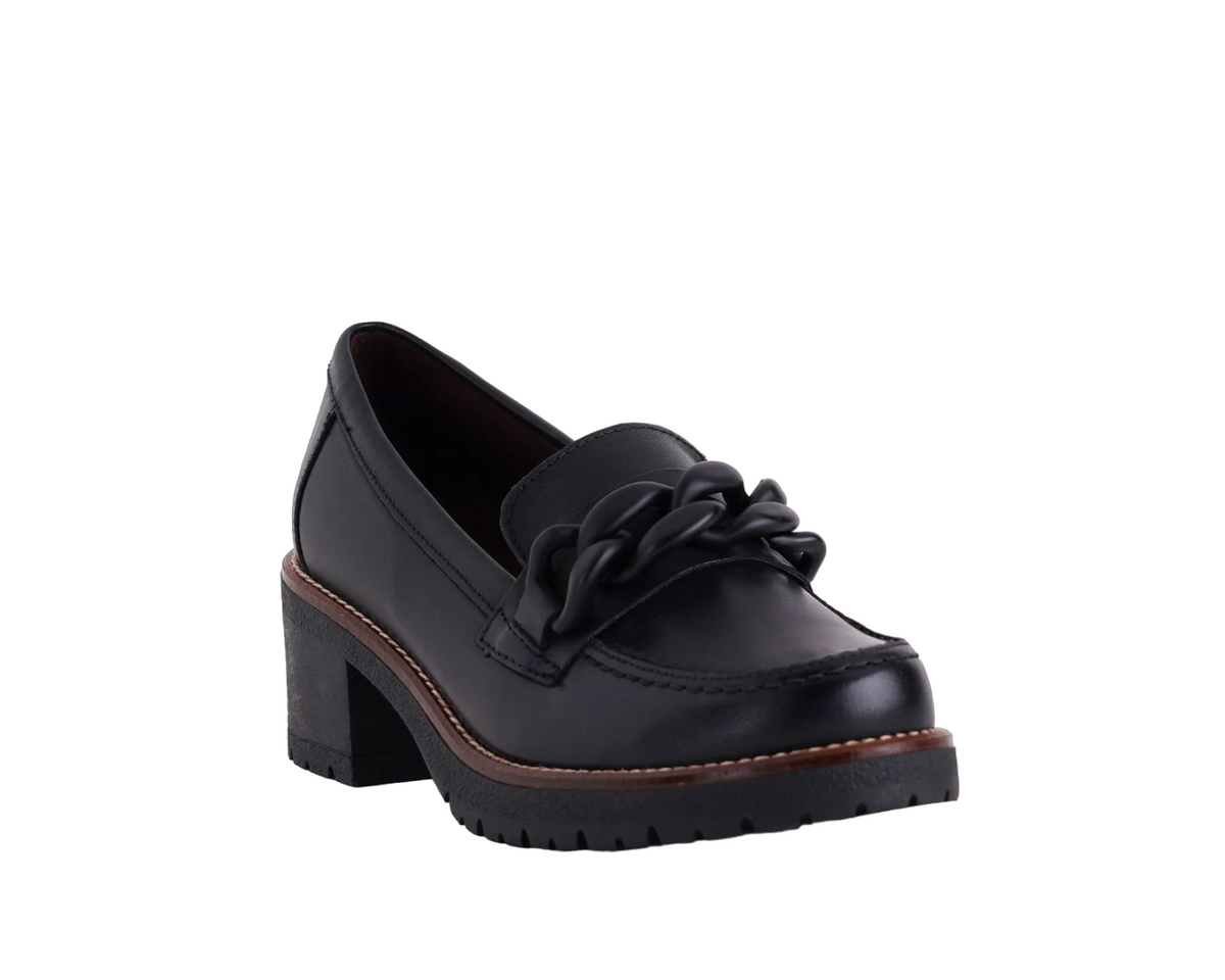Pitillos Mocassino Donna in Pelle Nera con Catena e Tacco Laego di 4cm