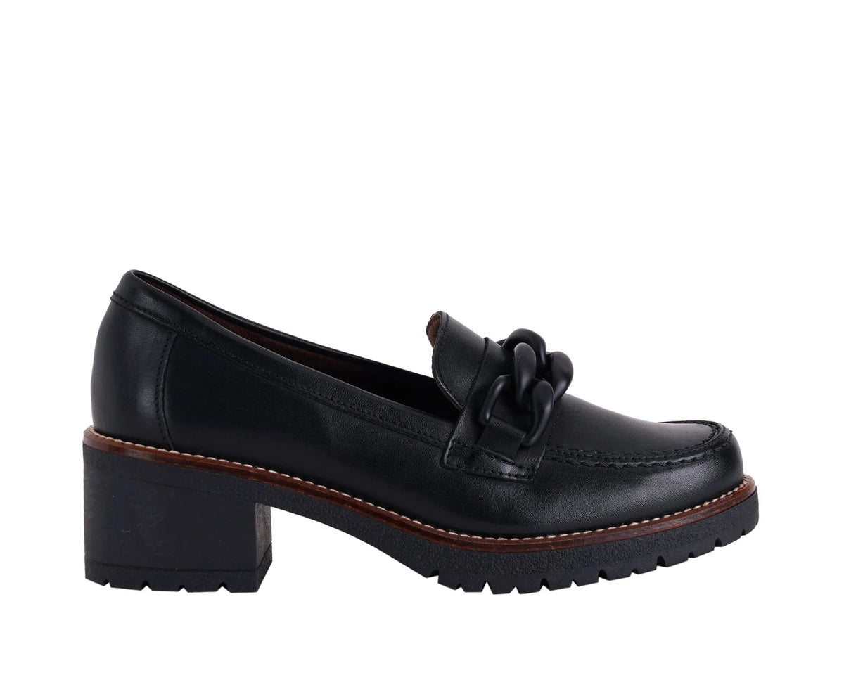 Pitillos Mocassino Donna in Pelle Nera con Catena e Tacco Laego di 4cm