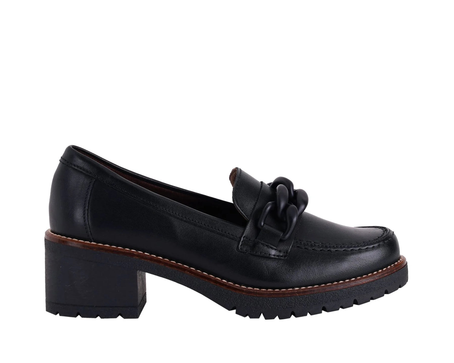 Pitillos Mocassino Donna in Pelle Nera con Catena e Tacco Laego di 4cm