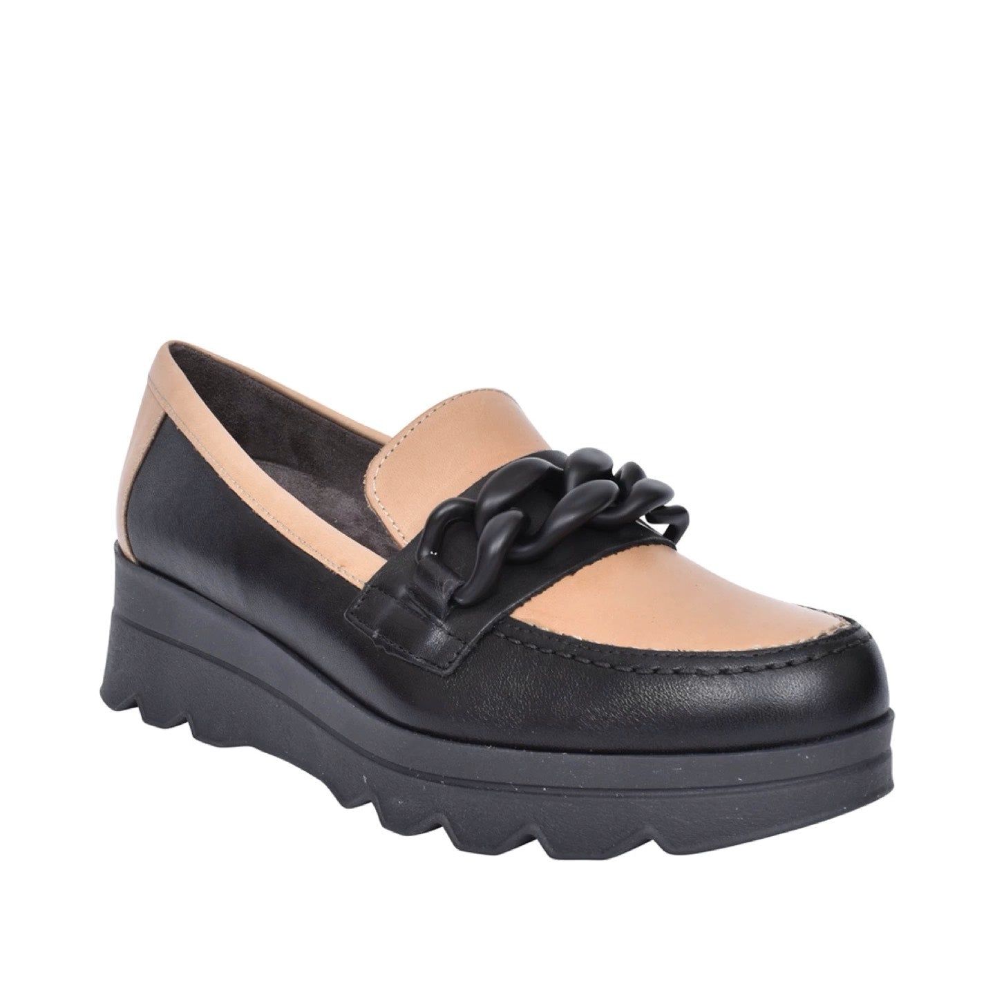 Pitillos Mocassino Donna in Pelle Nero Tortora con Catena e Zeppa