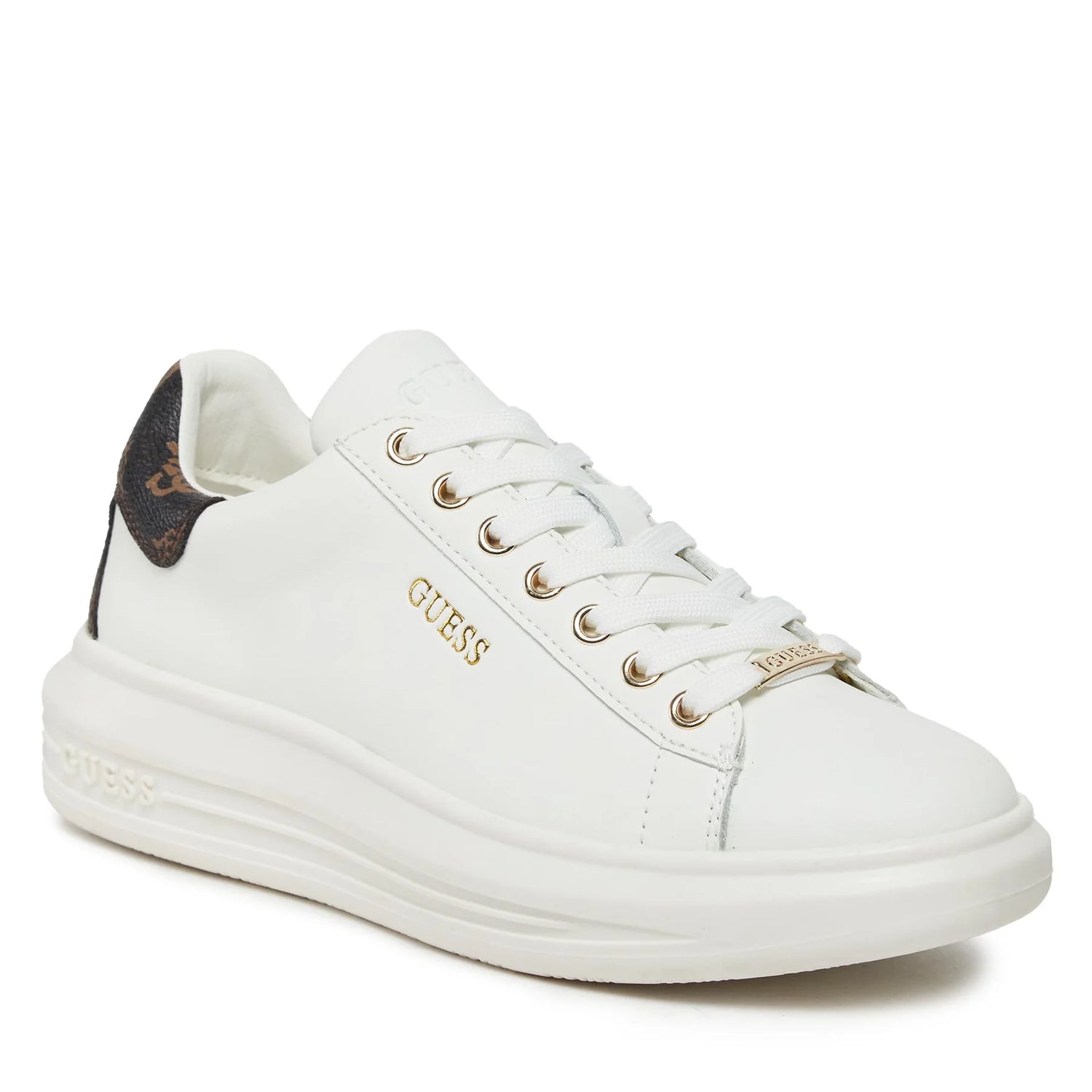 Guess Sneakers Bianca con Talloncino Marrone Logato