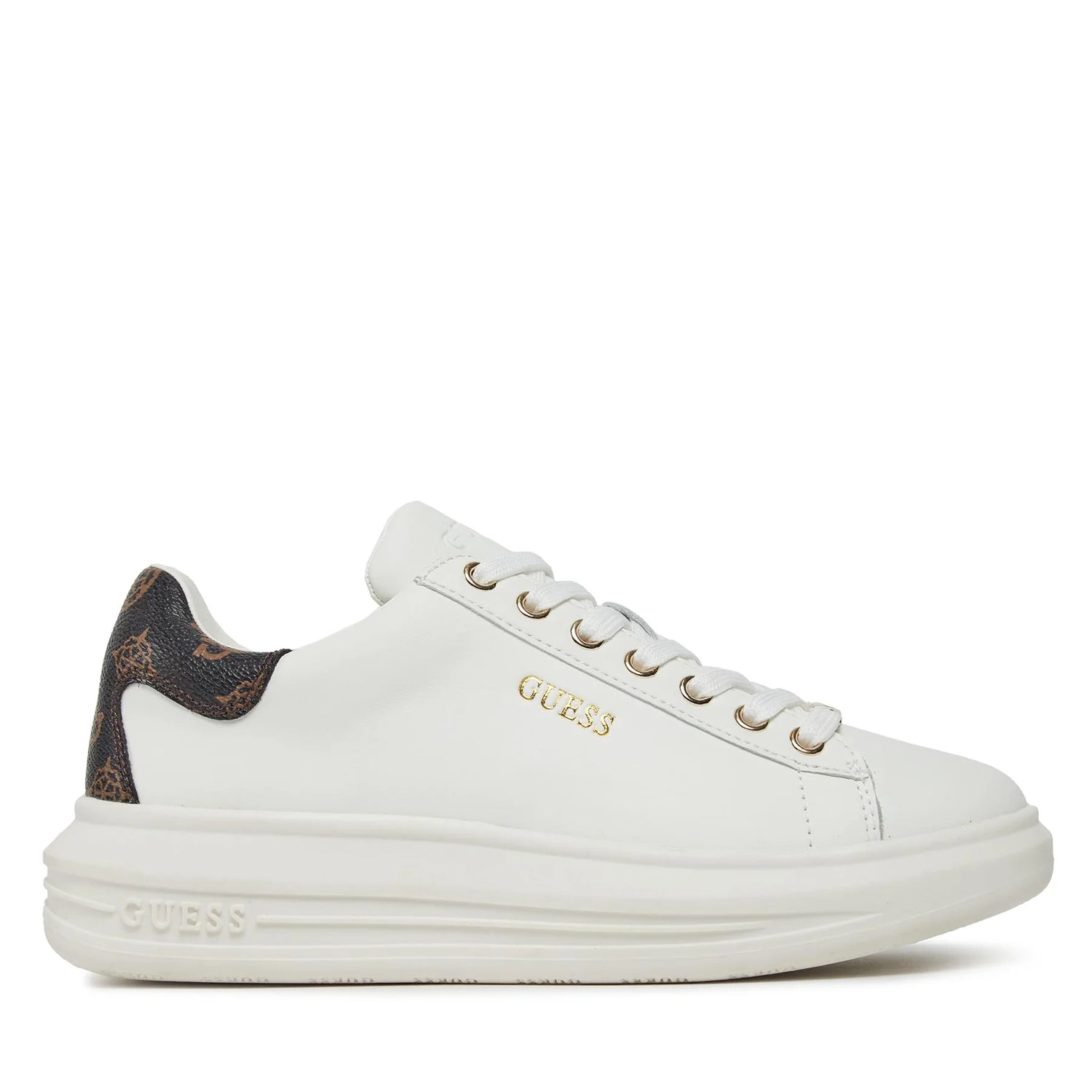 Guess Sneakers Bianca con Talloncino Marrone Logato