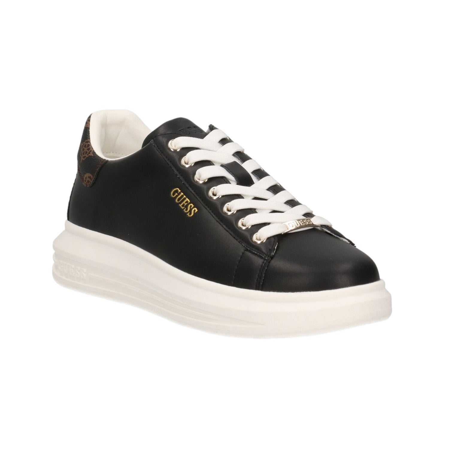 Guess Sneakers Nera Marrone Ocra Vibo in Vera Pelle