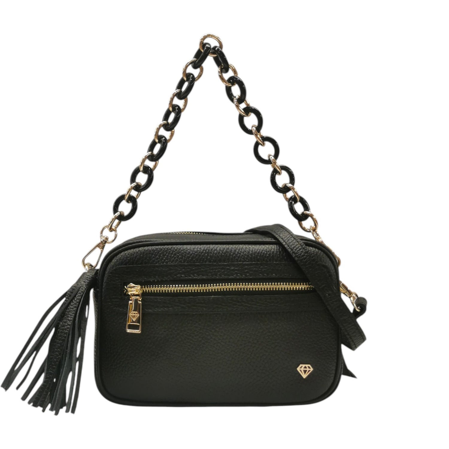 Caleidos Mini Bag Donna in Pelle Nera con Manico a Catena e Accessorio