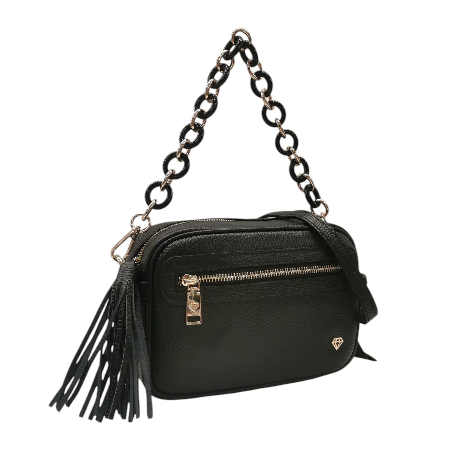 Caleidos Mini Bag Donna in Pelle Nera con Manico a Catena e Accessorio