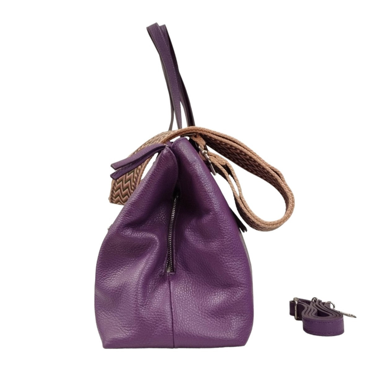 Caleidos Borsa a Spalla Donna in Pelle Viola con Tracolla in Pelle e Tessuto
