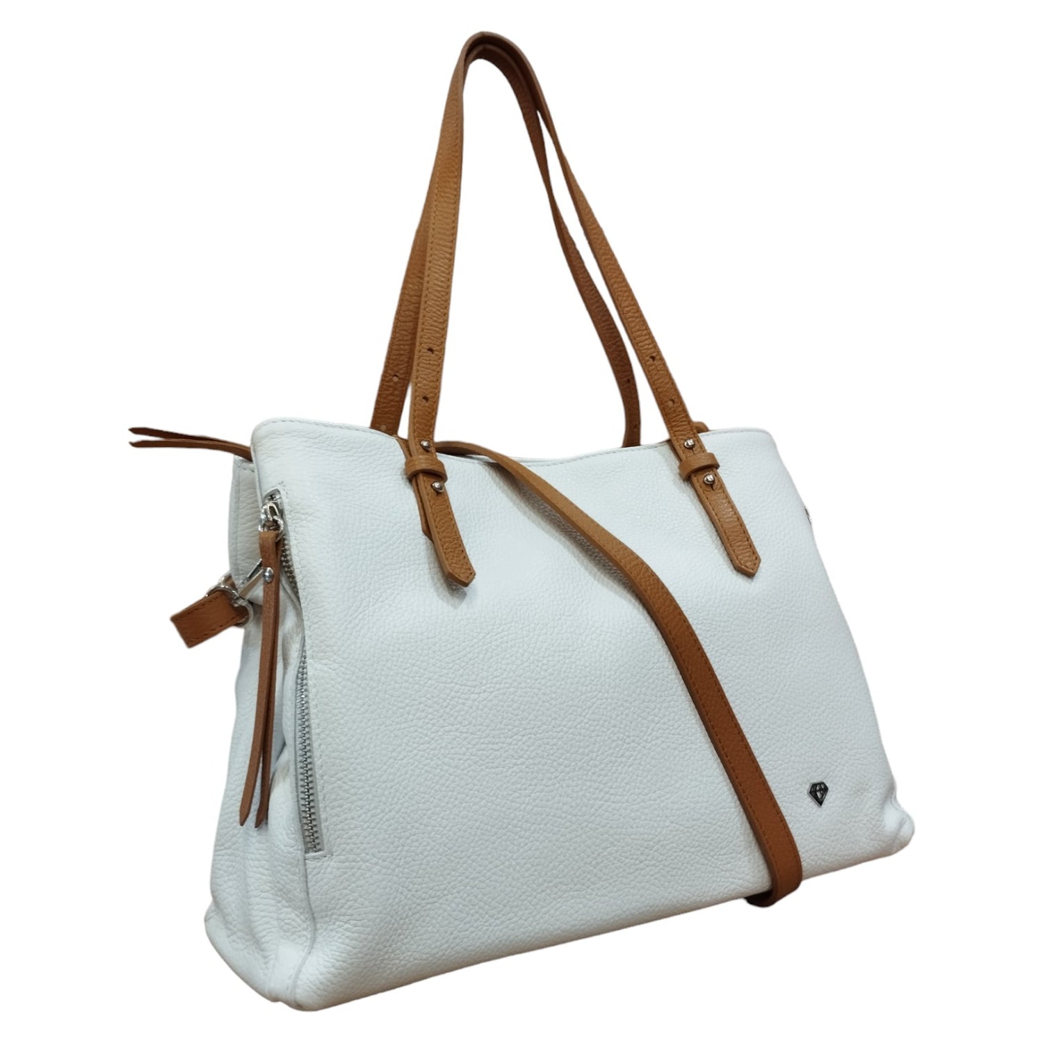 Caleidos Borsa a Spalla Donna in Pelle Bianca con Inserto Cuoio