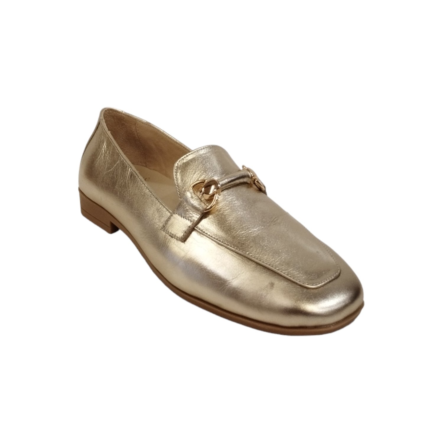 Scarpeborseonline Mocassino Dorato in Pelle Laminata con Morsetto da Donna