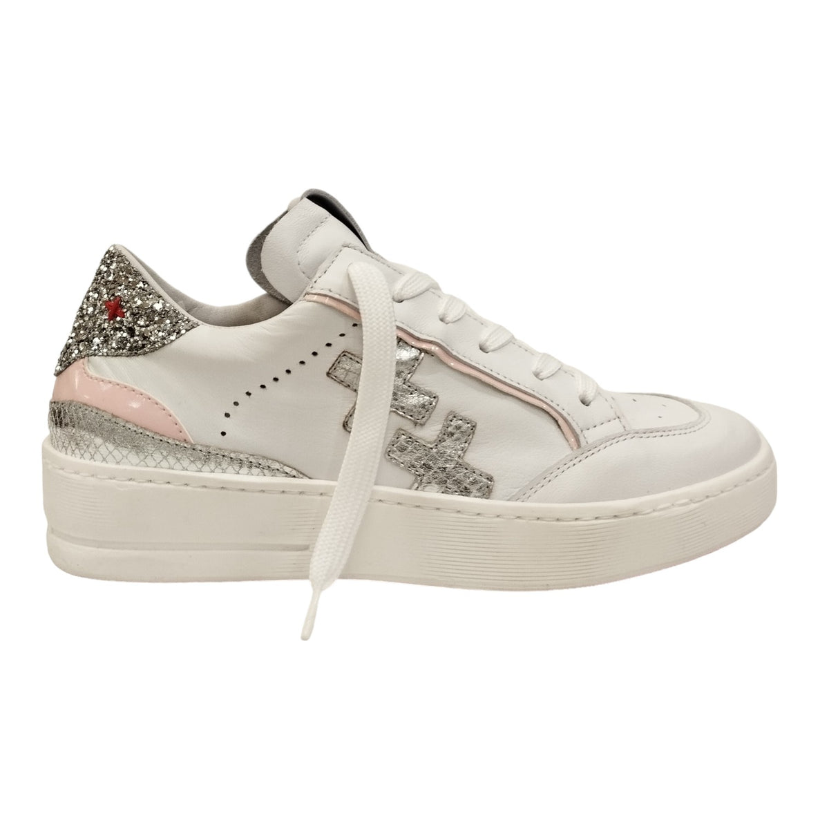 Gio+ Sneakers Donna in Pelle Bianca con Dettaglio Argento